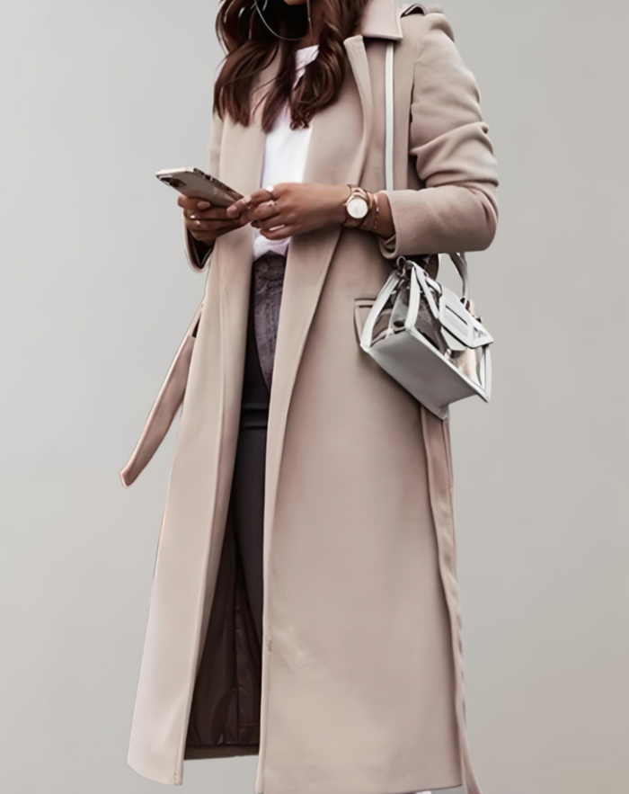 Women's Belted Long Coat with Lapel Collar