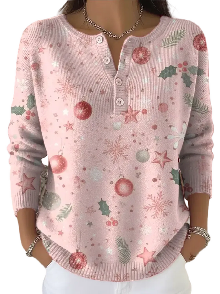 Women's Christmas Knitted Jumper with Button Placket