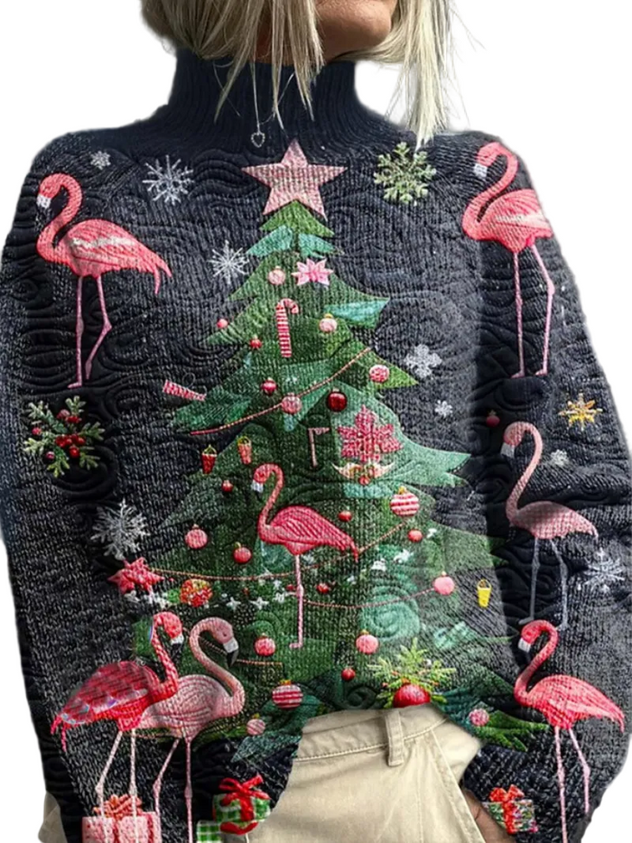 Women's Christmas Jumper with Flamingo Print High Neck