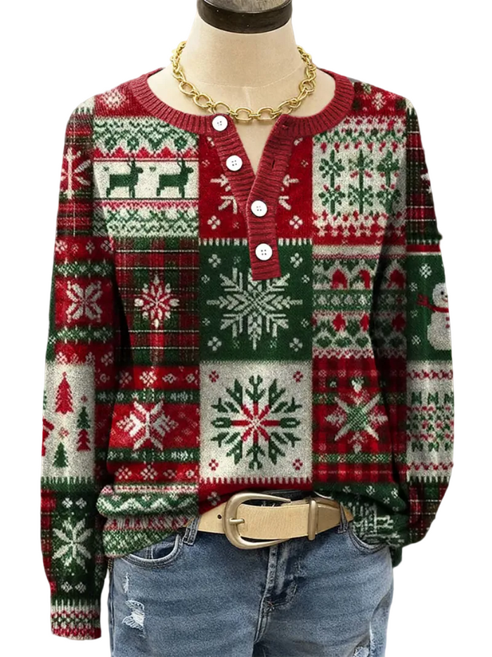 Women's Patchwork Christmas Jumper with Button Front