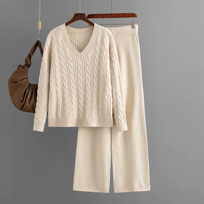 Women's Cable Knit Two-Piece Set V-Neck Jumper with Wide-Leg Trousers