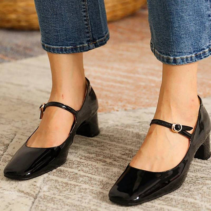 Women's Mary Jane Shoes with Glossy Block Heel Ankle Strap