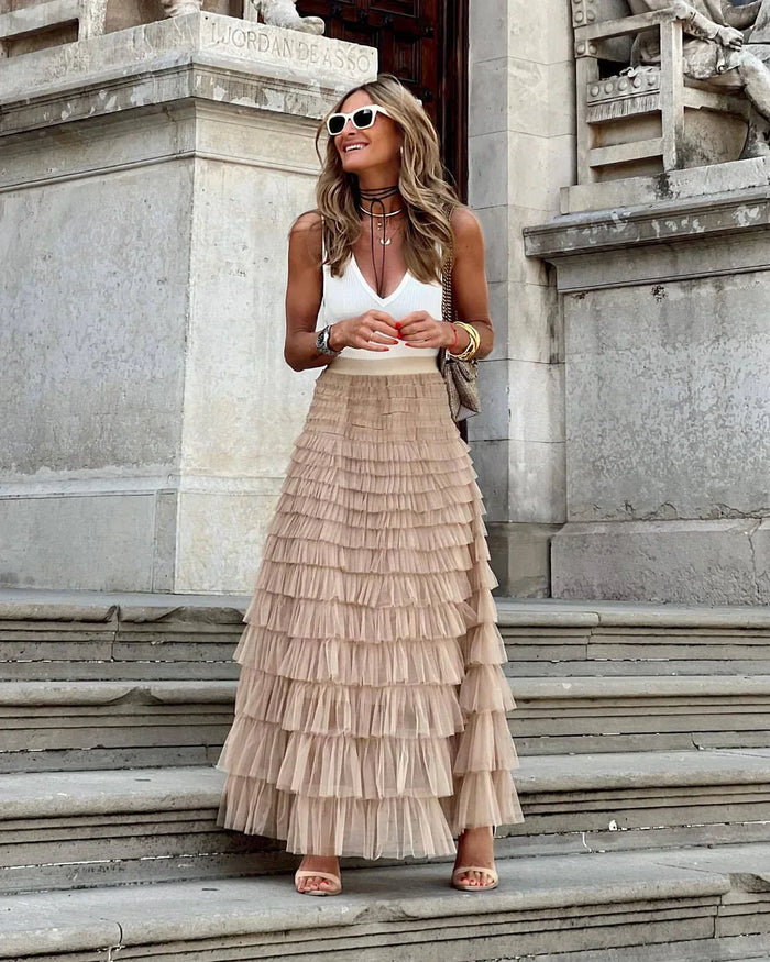 Women's Tiered Tulle Maxi Skirt with Elastic Waist