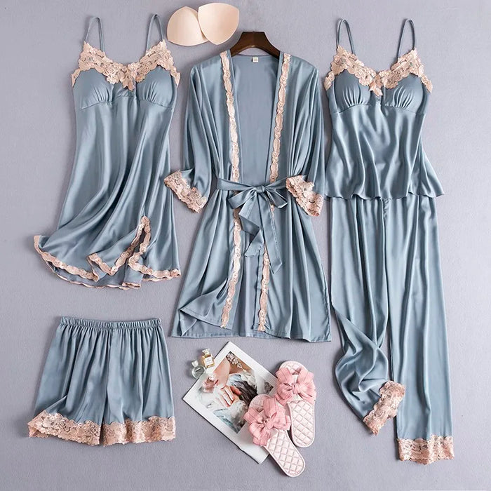 Women's Lace-Trim Satin Nightwear Set Robe Cami Shorts