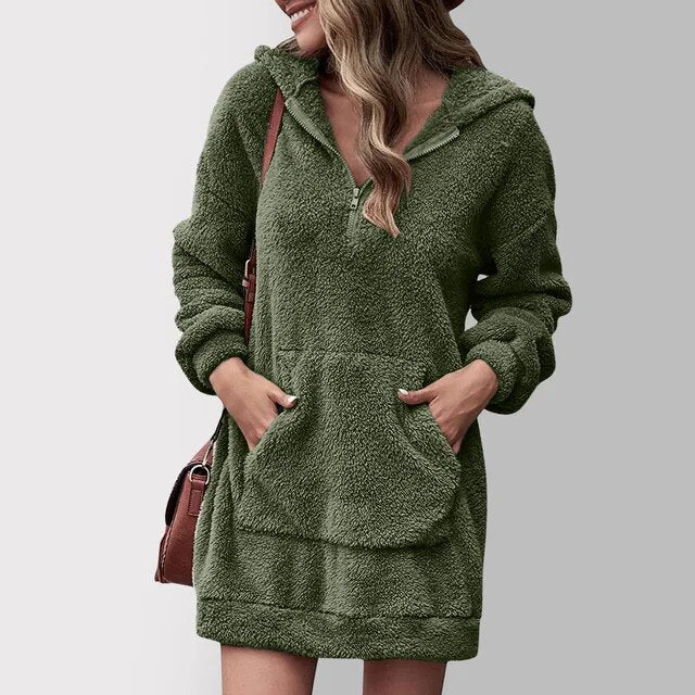 Women's Hooded Fleece Dress with Front Pocket