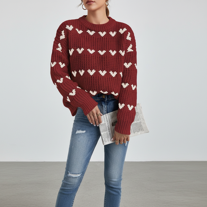 Women's Heart Pattern Jumper with High Ribbed Collar