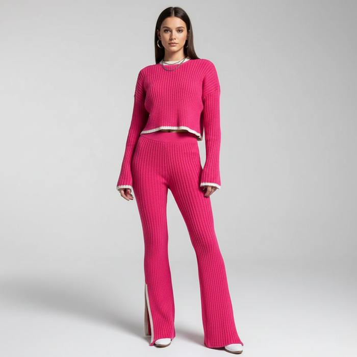 Women's Ribbed Lounge Co-Ord Set with Crew Neck Top