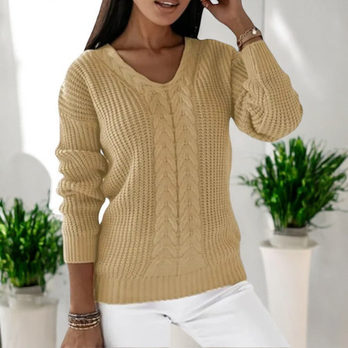 Women's Cable Knit V-Neck Jumper with Relaxed Fit