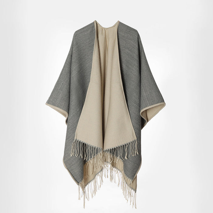 Women's Reversible Oversized Cape with Fringe Detail