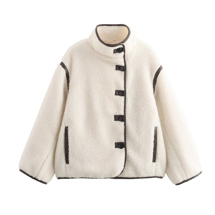 Women's Fleece Teddy Jacket High Collar Button Front