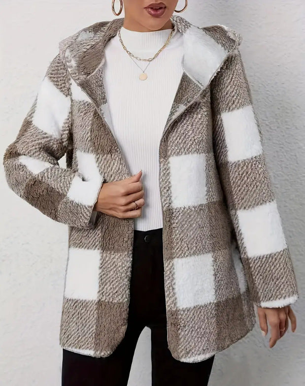 Women's Hooded Teddy Coat with Check Pattern for Everyday Wear