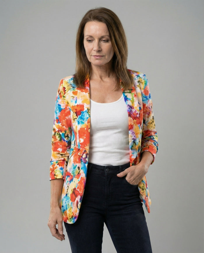 Women's Floral Blazer with Open Front and Long Sleeves