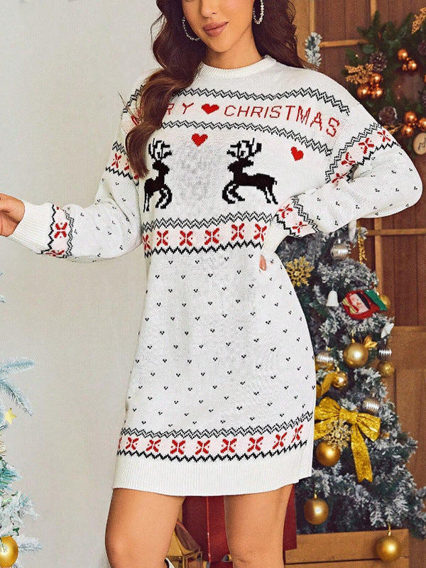 Women's Christmas Jumper Dress Reindeer Print Knee-Length
