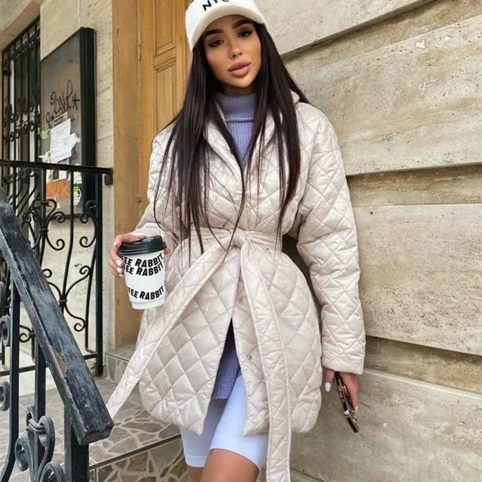 Women's Quilted Belted Coat with High Collar