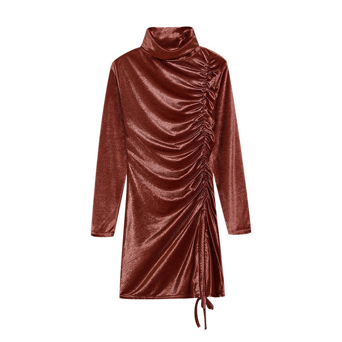Women's Ruched Turtleneck Mini Dress with Long Sleeves