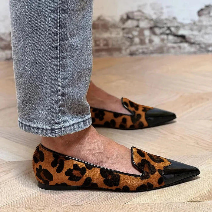 Women's Leopard Print Pointed Toe Flats with Patent Toe