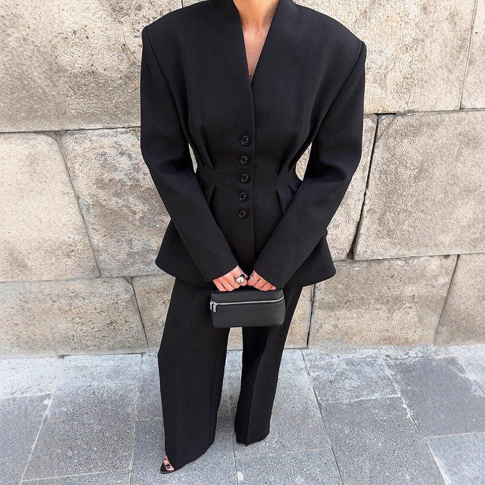Women's Tailored Blazer Trouser Suit with V-Neck and Button Front