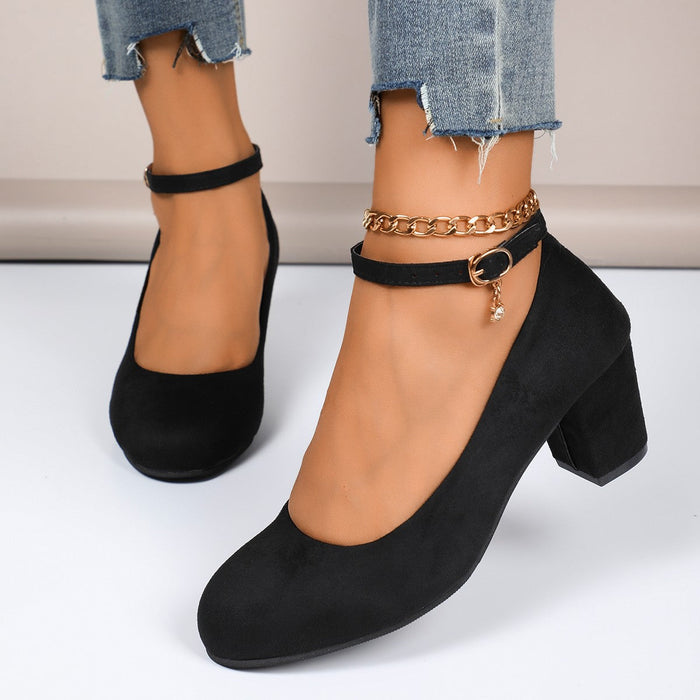Women's Block Heel Pumps with Ankle Strap and Round Toe