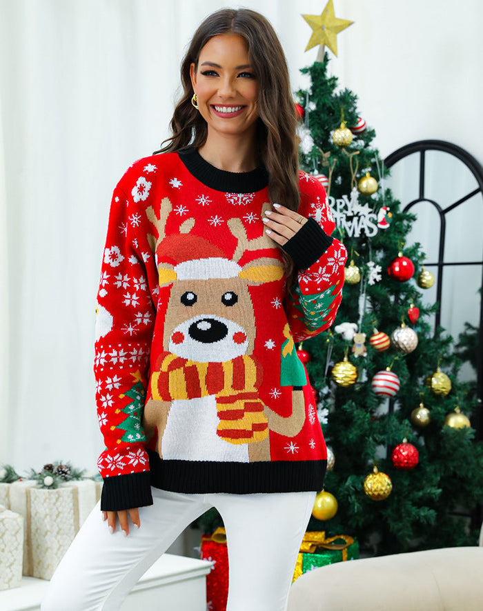Women's Reindeer Christmas Jumper with Snowflake Sleeves