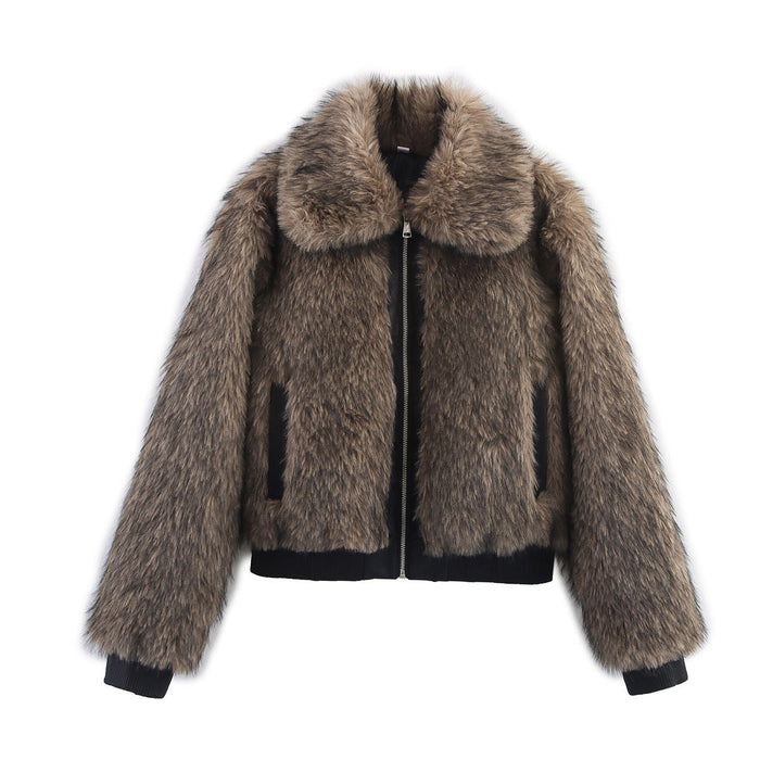 Women's Faux Fur Bomber Jacket with Zip Front