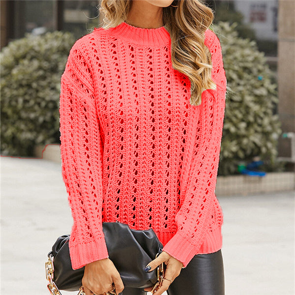 Women's Open-Knit Jumper with Mock Neck Long Sleeve