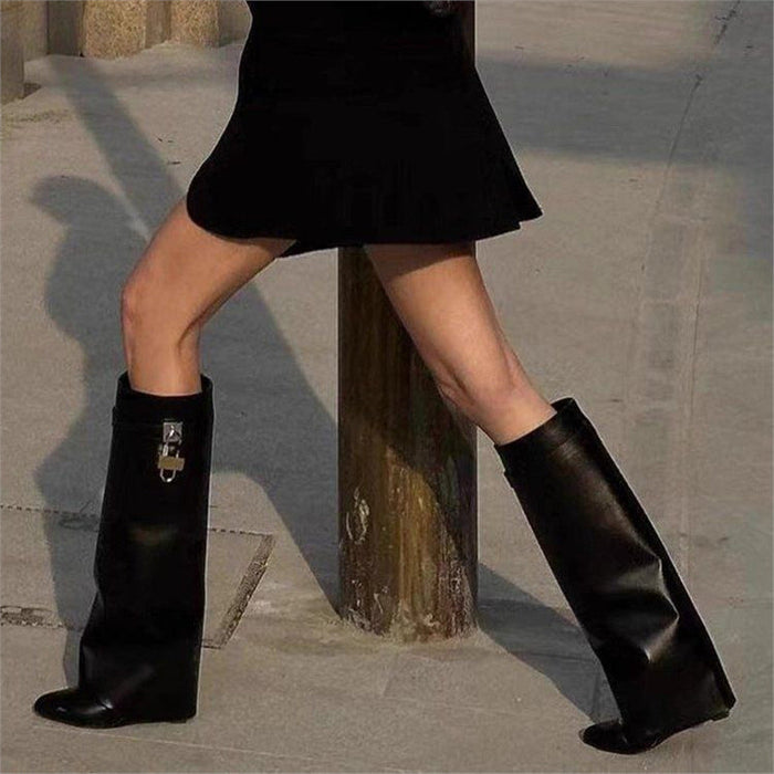 Women's Knee-High Boots with Pointed Toe and Lock Detail