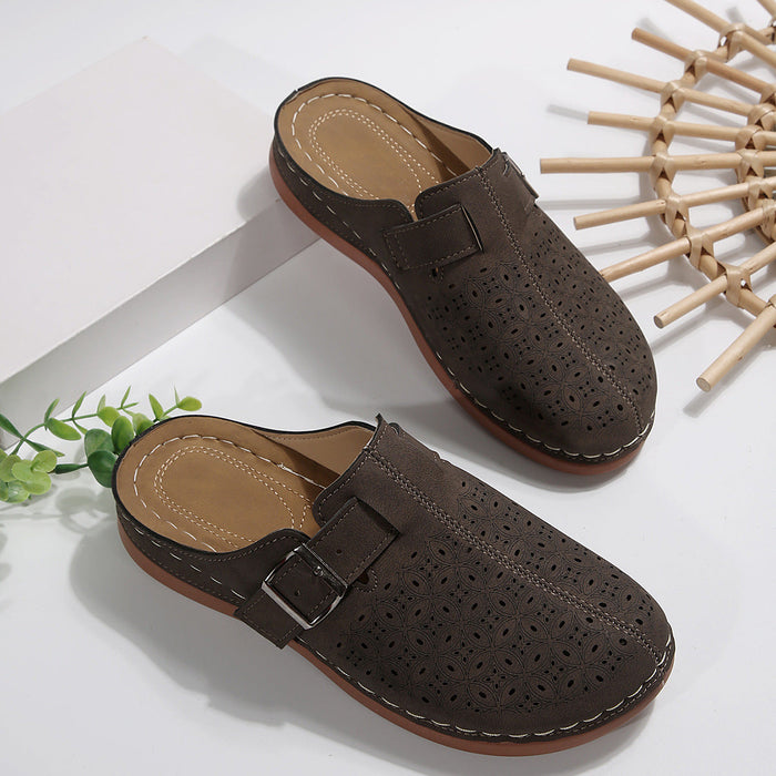Women's Perforated Slip-On Mules with Adjustable Buckle