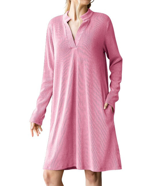 Women's Ribbed V-Neck Shift Dress with Long Sleeves