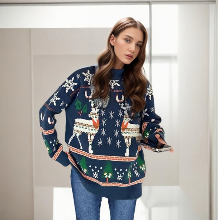 Women's Festive Christmas Jumper with Reindeer Pattern