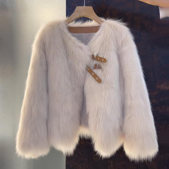 Women's Faux Fur Jacket with Open Front and Buckle Detail