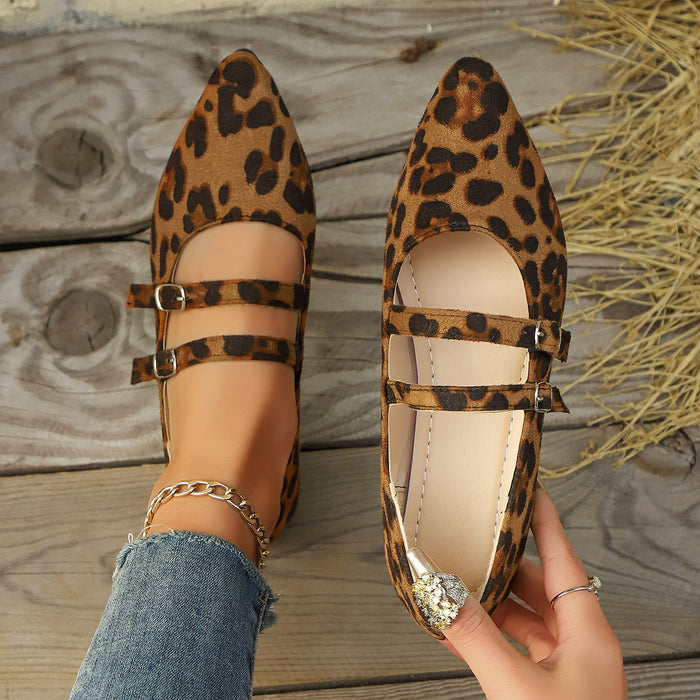 Women's Leopard Print Mary Jane Flats Double Buckle Strap
