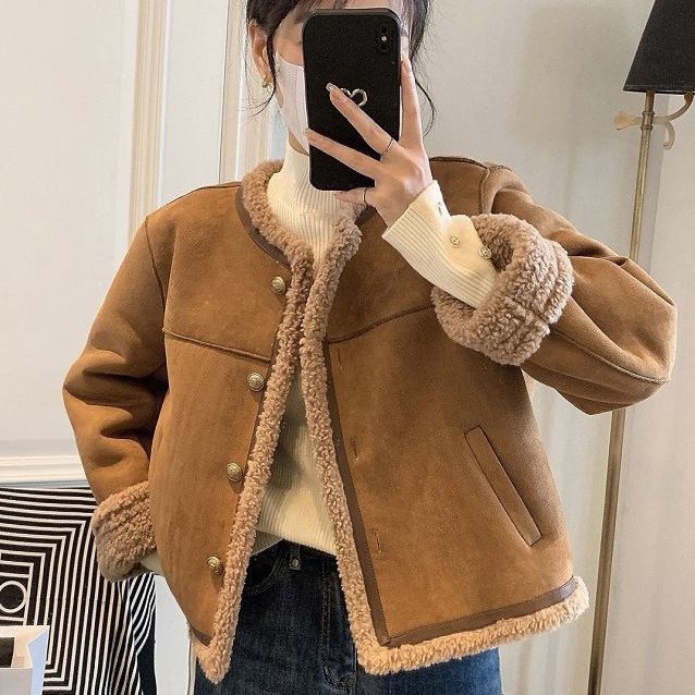Women's Sherpa Jacket Button-Front Lined Collar