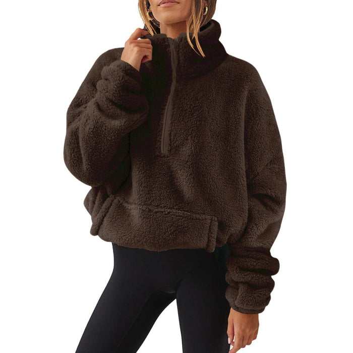 Women's Oversized Half-Zip Teddy Fleece Pullover Kangaroo Pocket