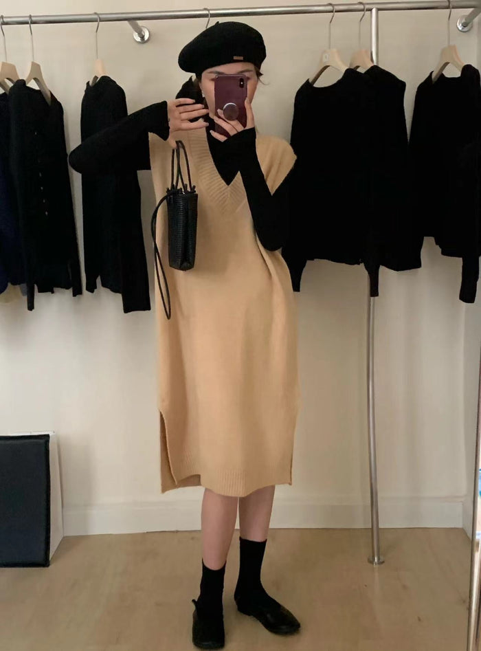 Women's V-Neck Sweater Dress with Side Slit