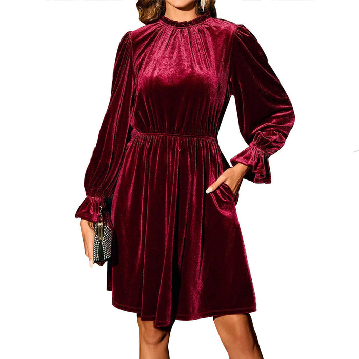 Women's Gathered Neckline Mini Dress with Puff Sleeves