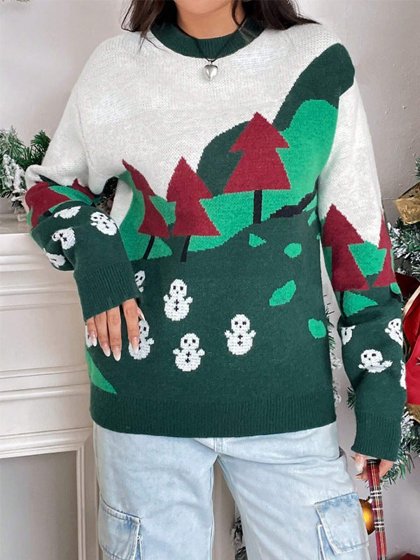 Women's Christmas Jumper Snowman Tree Knit Mock Neck