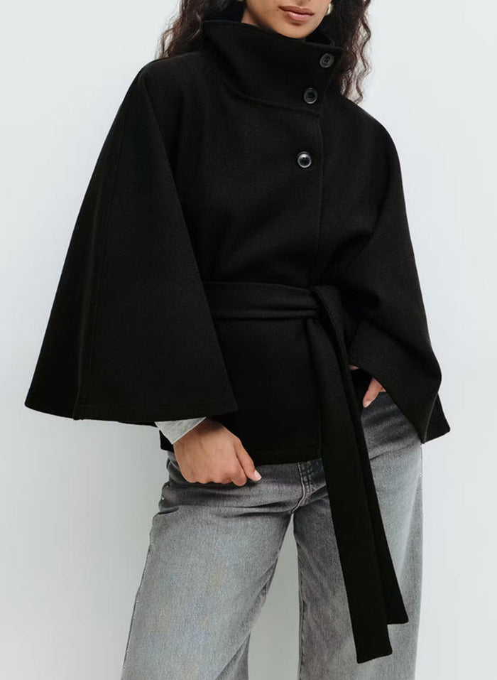 Women's Stand Collar Cape Jacket with Belt and Wide Sleeves