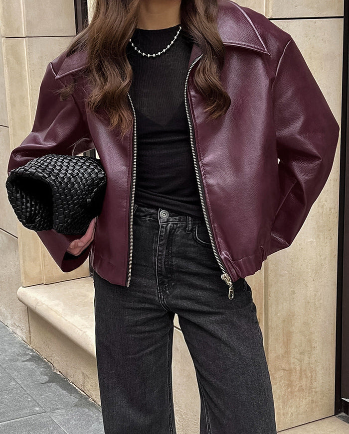 Women's Biker Jacket with Notch Collar and Cropped Fit