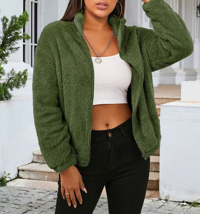 Women's Teddy Jacket Oversized Zip-Front High Collar