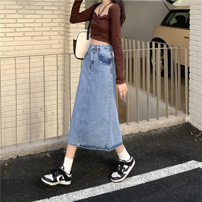 Women's Midi Denim Skirt High-Waisted A-Line with Side Slit