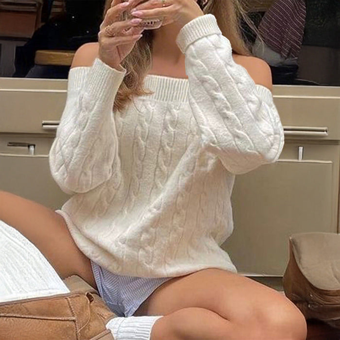 Women's Off-Shoulder Cable-Knit Jumper with Ribbed Neck