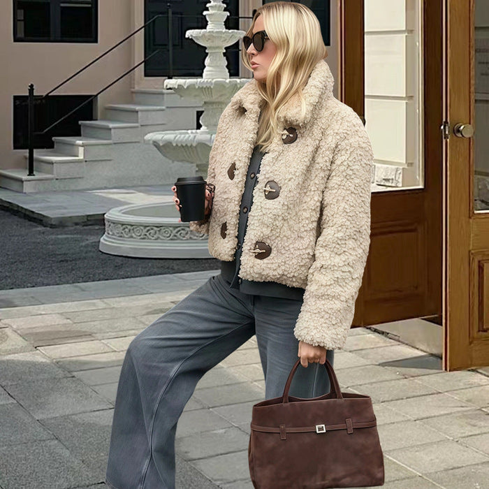 Women's Oversized Teddy Fleece Jacket with Button Detail
