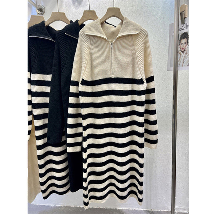 Women's Striped Knit Maxi Dress with High Neck
