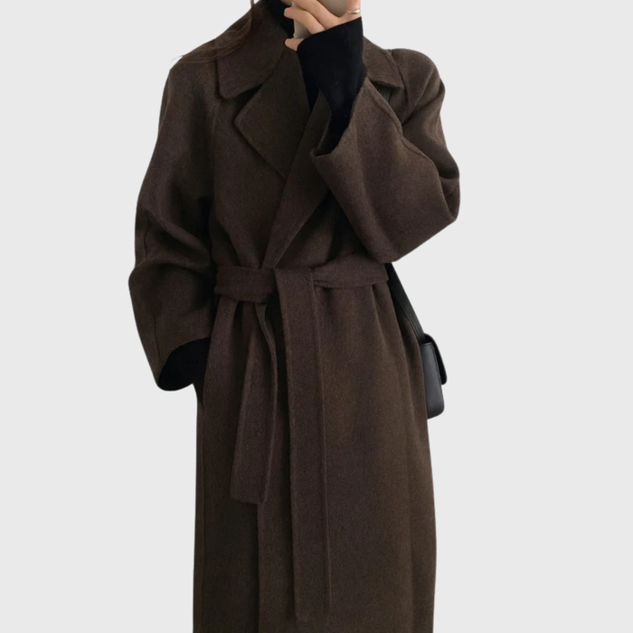 Women's Belted Long Coat with Notched Collar