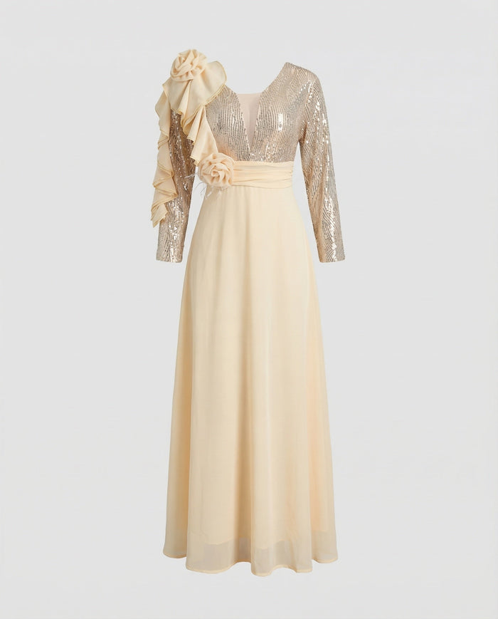 Women's Sequin Embellished Maxi Dress with Long Sleeves