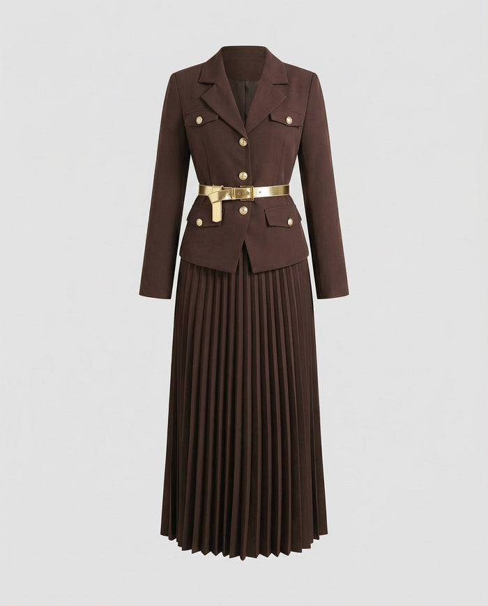 Women's Tailored Blazer Set with Pleated Maxi Skirt