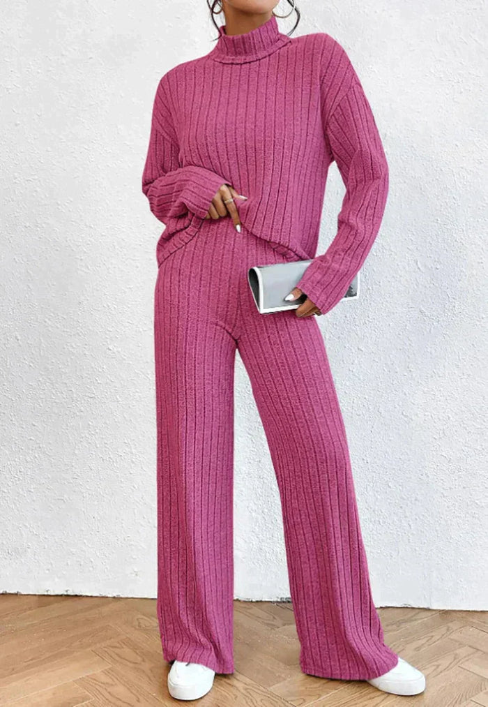 Women's Ribbed Lounge Set Turtleneck Jumper and Trousers