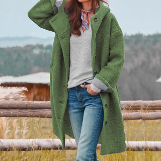 Women's Longline Hooded Coat with Button Fastening