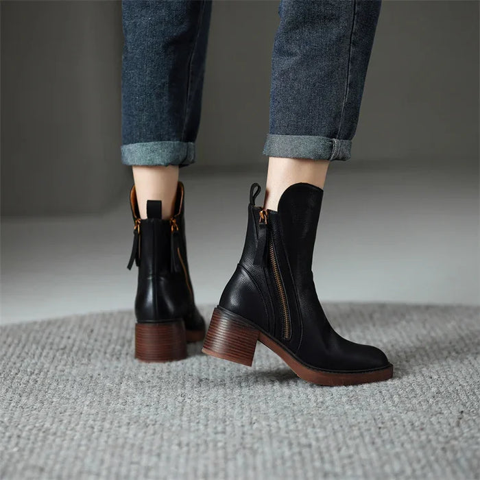 Women's Ankle Boots with Front Zip and Block Heel