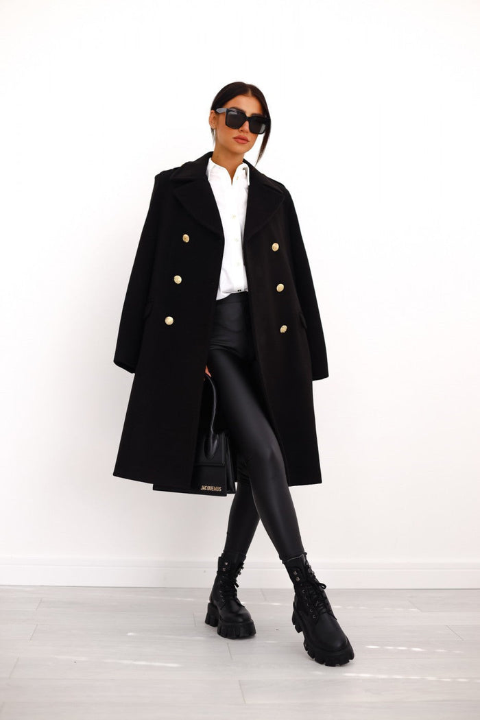 Women's Double-Breasted Wool-Blend Coat Gold-Button Detail
